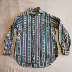 Vintage Handwoven Guatemalan Shirt – Green & Burgundy Stripes – Size S/M